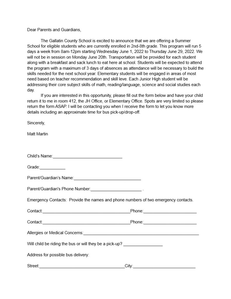 Summer School Letter and Form